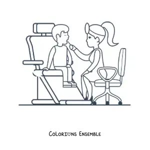 Image à colorier d’une dentiste assise examinant un patient