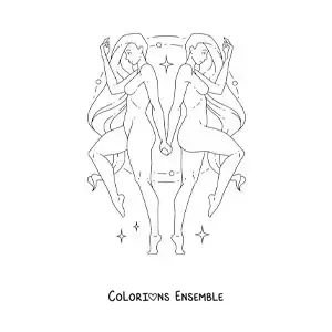 Image à colorier de deux femmes du signe des Gémeaux