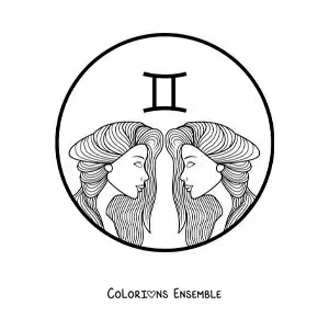 Image à colorier du visage de deux belles filles du signe des Gémeaux avec leur symbole