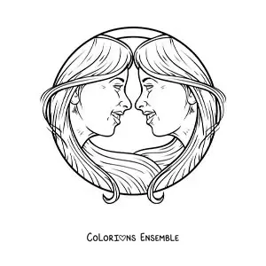 Image à colorier du visage de deux filles réalistes du signe des Gémeaux