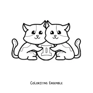 Image à colorier de chatons en dessin animé du signe des Gémeaux