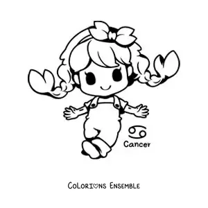 Image à colorier d’une fille du signe du Cancer en dessin animé kawaii avec son symbole