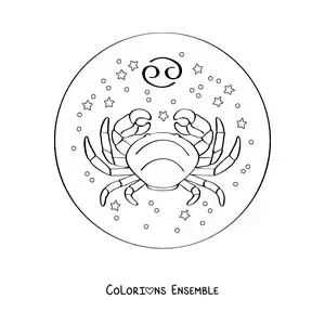 Image à colorier d’un crabe du signe du zodiaque Cancer avec son symbole et des étoiles