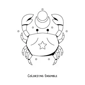 Image à colorier d’un crabe du signe du Cancer en dessin animé avec des étoiles