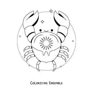 Image à colorier d’un crabe du signe du Cancer en dessin animé avec un soleil et des étoiles