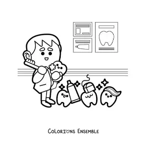 Image à colorier d’un dentiste entouré de plusieurs dents en dessin animé