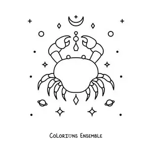 Image à colorier du crabe du Cancer avec des étoiles et des astres