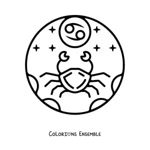 Image à colorier d’un crabe du signe du Cancer avec son symbole, facile