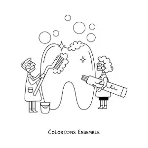 Image à colorier de deux dentistes nettoyant une dent géante