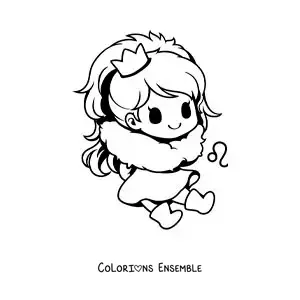 Image à colorier d’une fille kawaii du signe du Lion avec son symbole