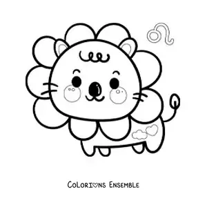 Image à colorier d’un lion kawaii animé du signe du Lion avec son symbole