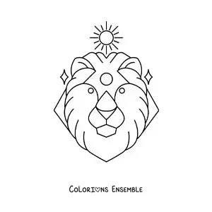 Image à colorier d’un lion du signe du zodiaque Lion avec un soleil