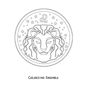 Image à colorier d’un lion du signe du zodiaque Lion avec son symbole et des étoiles
