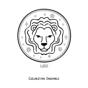 Image à colorier d’un lion du Lion animé avec le nom du signe et des étoiles