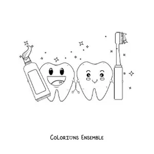 Image à colorier de deux dents en dessin animé tenant une brosse et un dentifrice