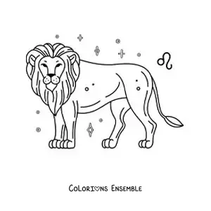 Image à colorier d’un lion du signe du Lion avec son symbole et des étoiles
