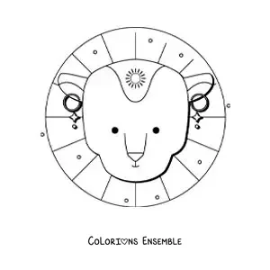 Image à colorier d’une tête de lion animée du signe du Lion avec un soleil