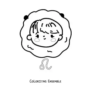 Image à colorier d’une fille kawaii du signe du Lion avec son symbole