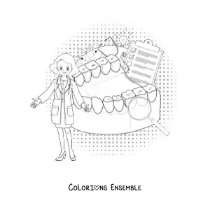 Image à colorier d’une dentiste avec des accessoires d’hygiène bucco-dentaire