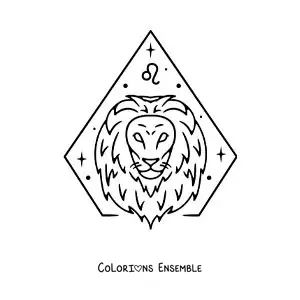 Image à colorier d’un lion du signe du zodiaque Lion, facile, avec son symbole et des étoiles