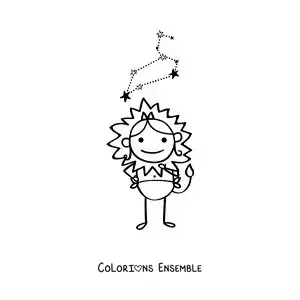 Image à colorier d’un personnage rigolo du signe du Lion avec sa constellation