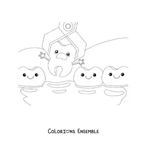 Image à colorier d’une dent kawaii en dessin animé que l’on extrait de la dentition