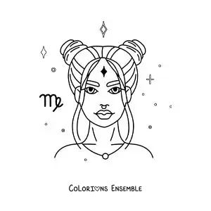Image à colorier d’une femme du signe de la Vierge avec des étoiles et son symbole