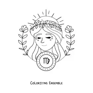 Image à colorier d’une belle femme animée du signe de la Vierge avec son symbole et des fleurs