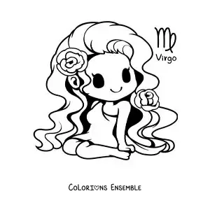 Image à colorier d’une fille kawaii du signe de la Vierge avec son symbole