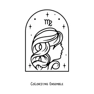 Image à colorier d’une fille du signe de la Vierge avec son symbole et des étoiles