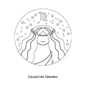 Image à colorier d’une femme animée du signe de la Vierge avec des étoiles