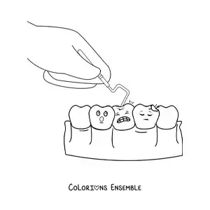 Image à colorier du traitement d’une carie en dessin animé