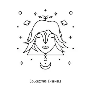 Image à colorier du signe de la Vierge avec des étoiles et des astres