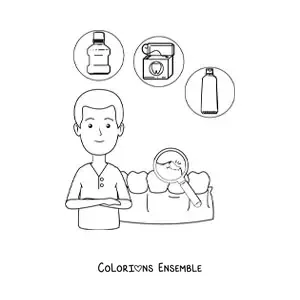 Image à colorier d’un dentiste en dessin animé et d’une carie