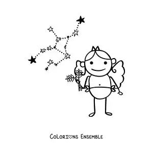 Image à colorier d’un personnage rigolo du signe de la Vierge avec sa constellation