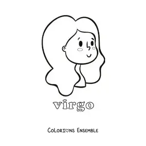 Image à colorier d’une fille animée avec le nom du signe de la Vierge
