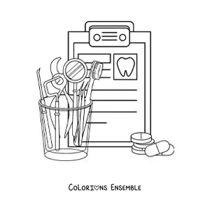 Image à colorier des instruments du dentiste