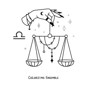 Image à colorier d’une main tenant la balance du signe de la Balance