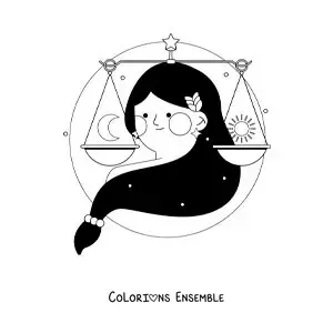 Image à colorier d’une femme du signe du zodiaque Balance avec son symbole