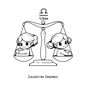 Image à colorier du symbole du signe de la Balance avec deux filles kawaii animées