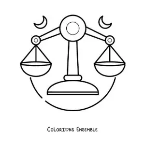 Image à colorier d’une balance du signe de la Balance avec deux lunes