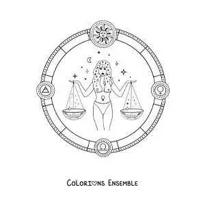 Image à colorier de la déesse Thémis avec la balance de la Balance