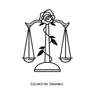 Image à colorier d’une balance du signe de la Balance avec une rose