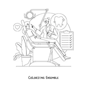Image à colorier d’une dentiste et d’un patient dans le cabinet dentaire