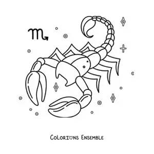 Image à colorier d’un scorpion du signe du Scorpion avec son symbole et des étoiles