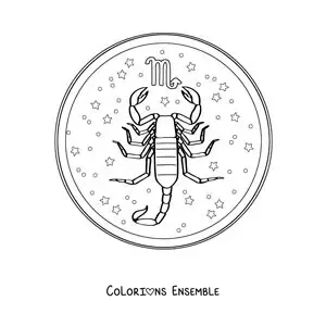 Image à colorier du signe du zodiaque Scorpion avec son symbole et des étoiles