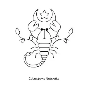 Image à colorier du signe du Scorpion animé avec une lune et des feuilles