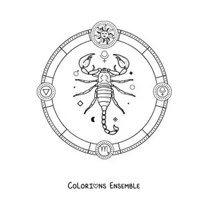 Image à colorier du signe astrologique du Scorpion avec ses symboles