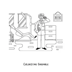 Image à colorier d’un dentiste dans le cabinet dentaire