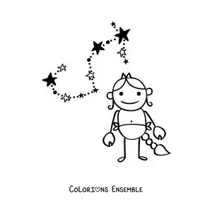 Image à colorier d’un dessin animé du signe du Scorpion avec sa constellation